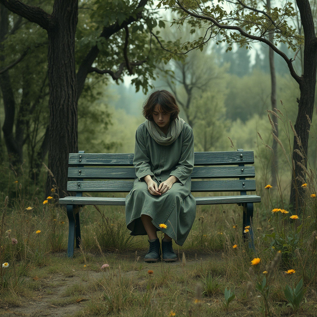 Melancholic Figure in Nostalgic Landscape Art