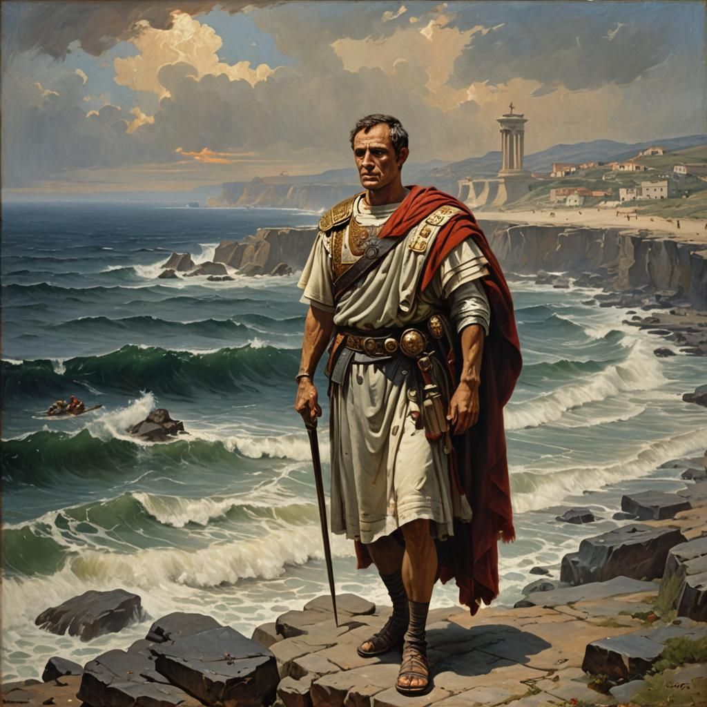 Gaius Julius Caesar on Atlantic Shore as Oil Painting