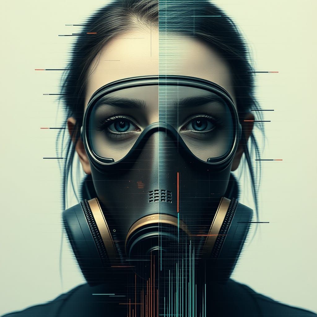 Glitchy Futuristic Portrait with Gas Mask