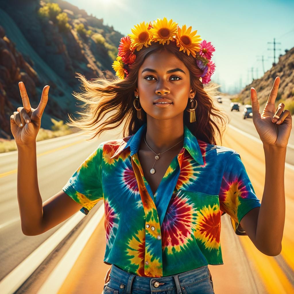 1970s California Hitchhiker in Hyperrealistic Splash Art