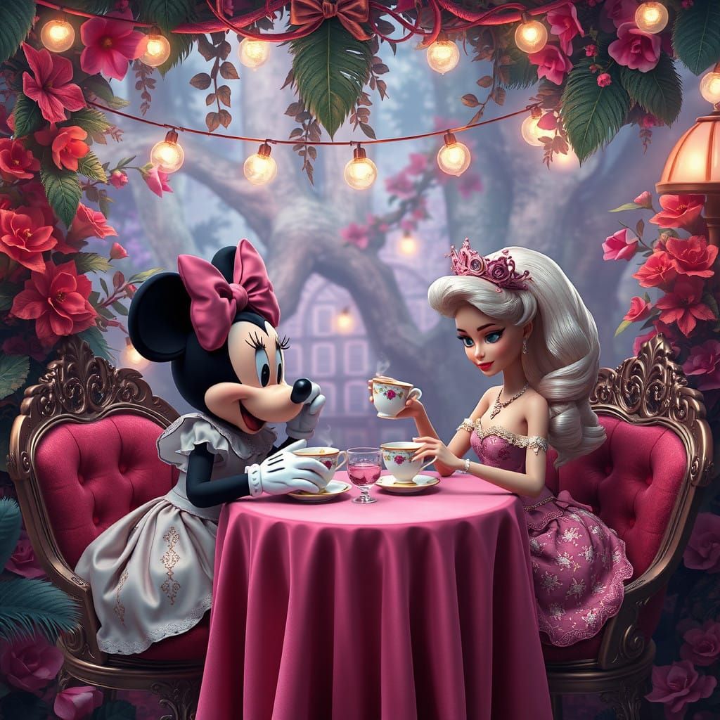 Minnie Mouse and Barbie in Enchanted Garden Tea Party