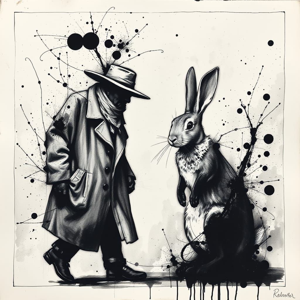 Ink Man and Rabbit in Splatter Art Style