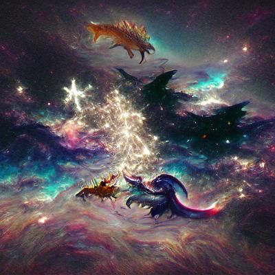 Space with dragons and bright stars