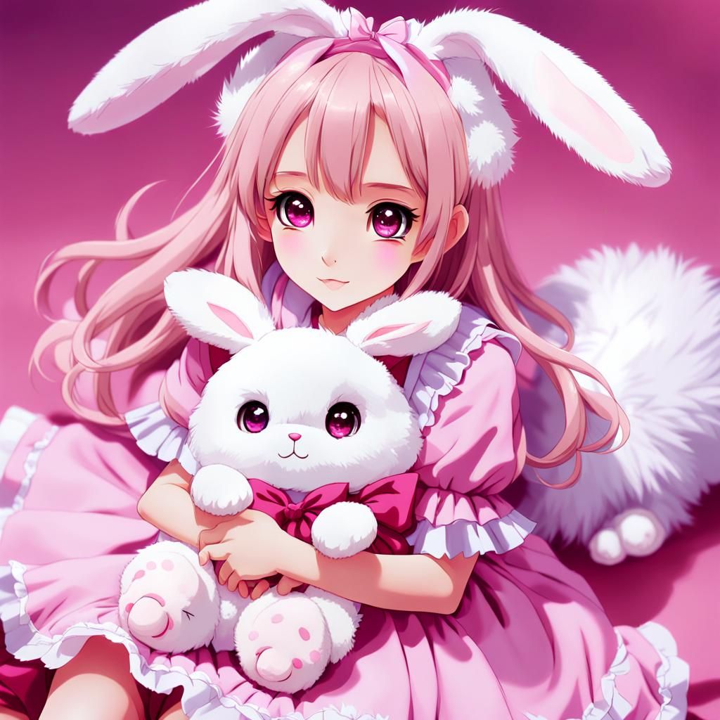 Anime Girl with Bunny in Kawaii Style