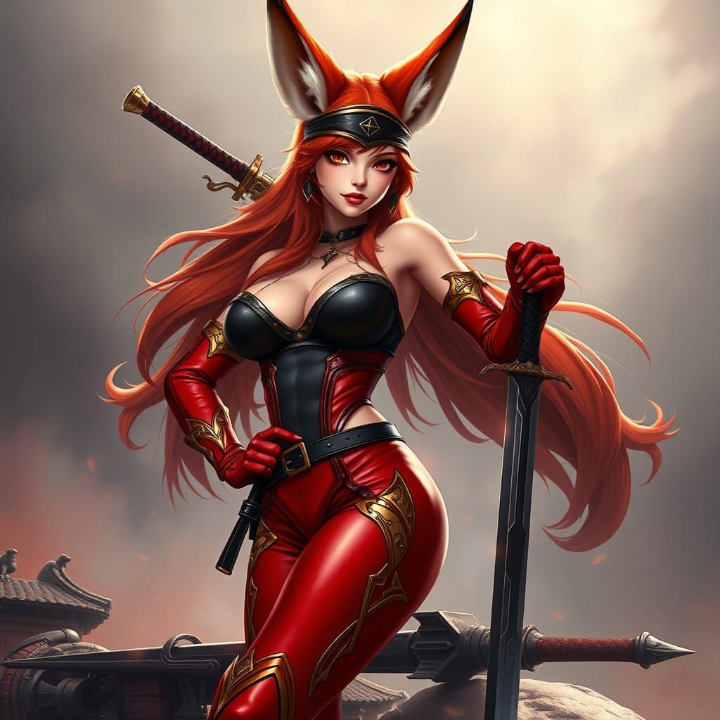 Fiery Redhead Anime Warrior in Majestic Red Leather Outfit
