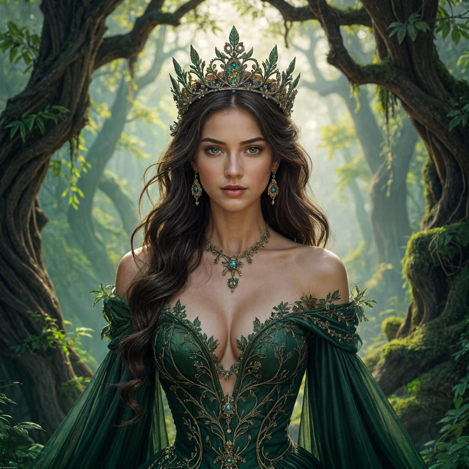 Regal Forest Queen in Haute Couture Gown, Oil Painting