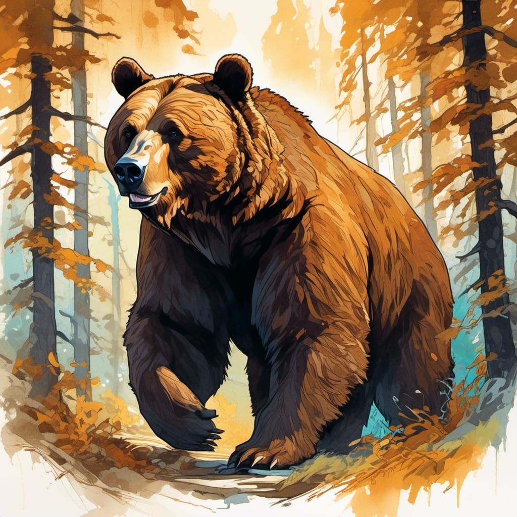Brown Bear Roaming in Forest: Fantasy Illustration