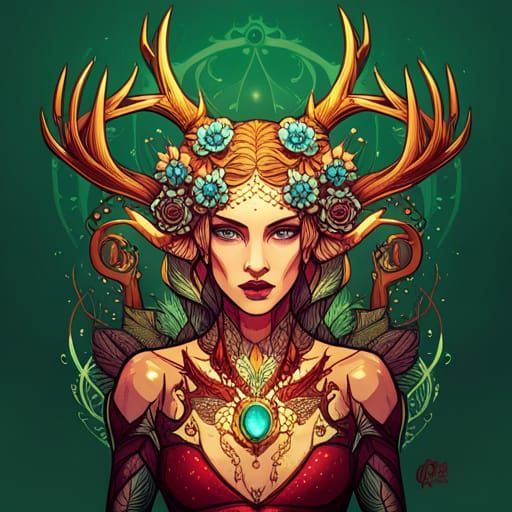 Steampunk Queen of Antlers in Digital Painting Style