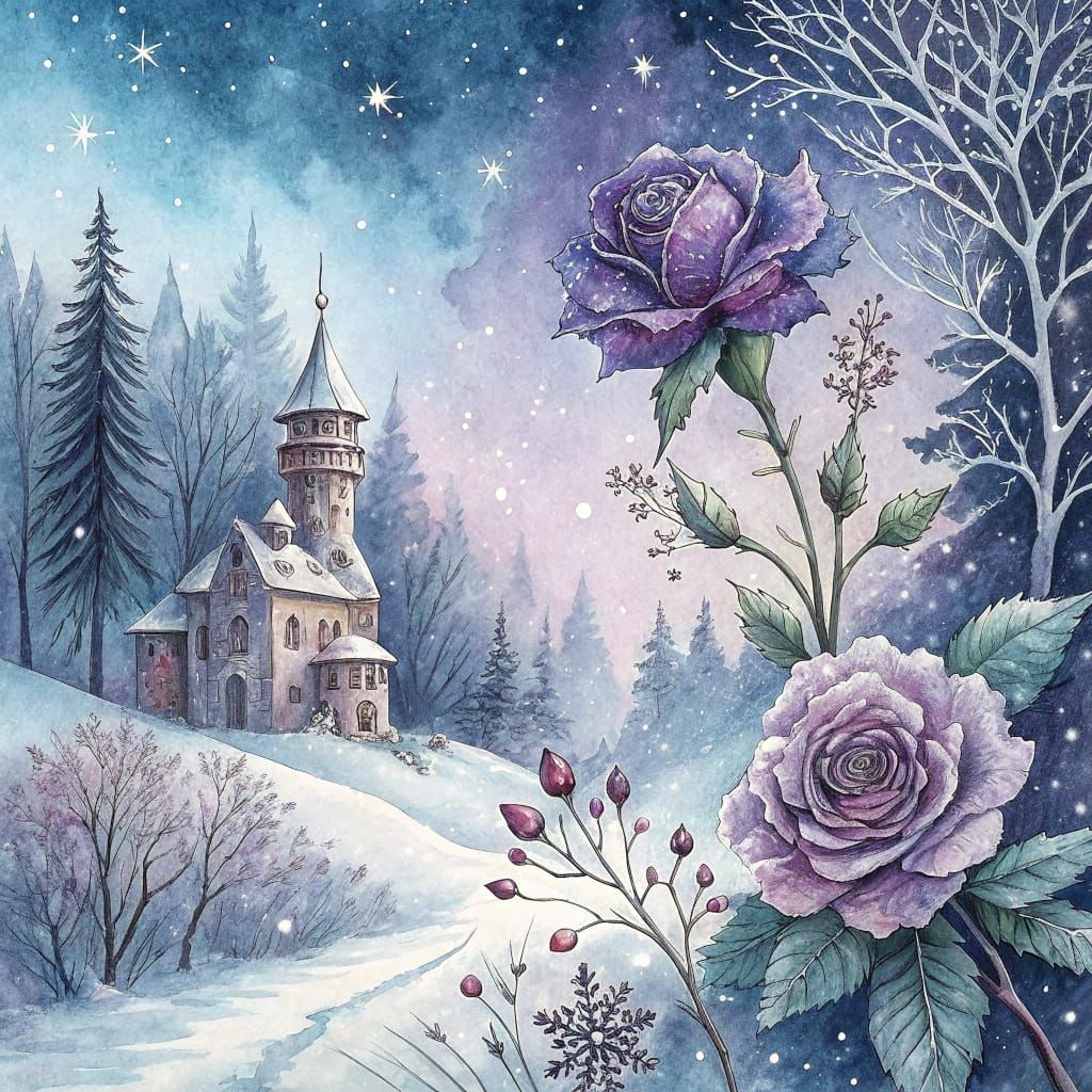Magical Snowy Winter Scene in Vibrant Jewel Tones