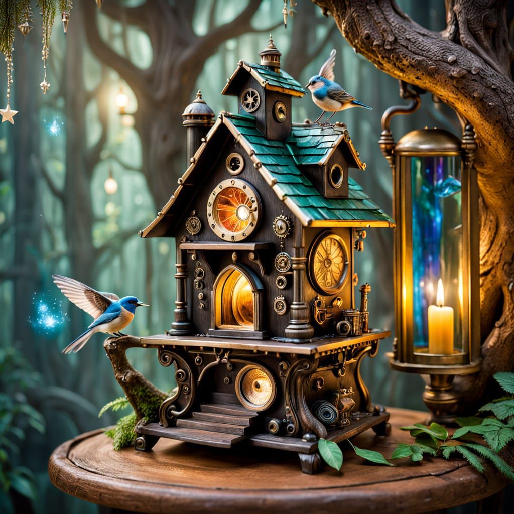 Steampunk Birdhouse with Fairy Forest Waterfall