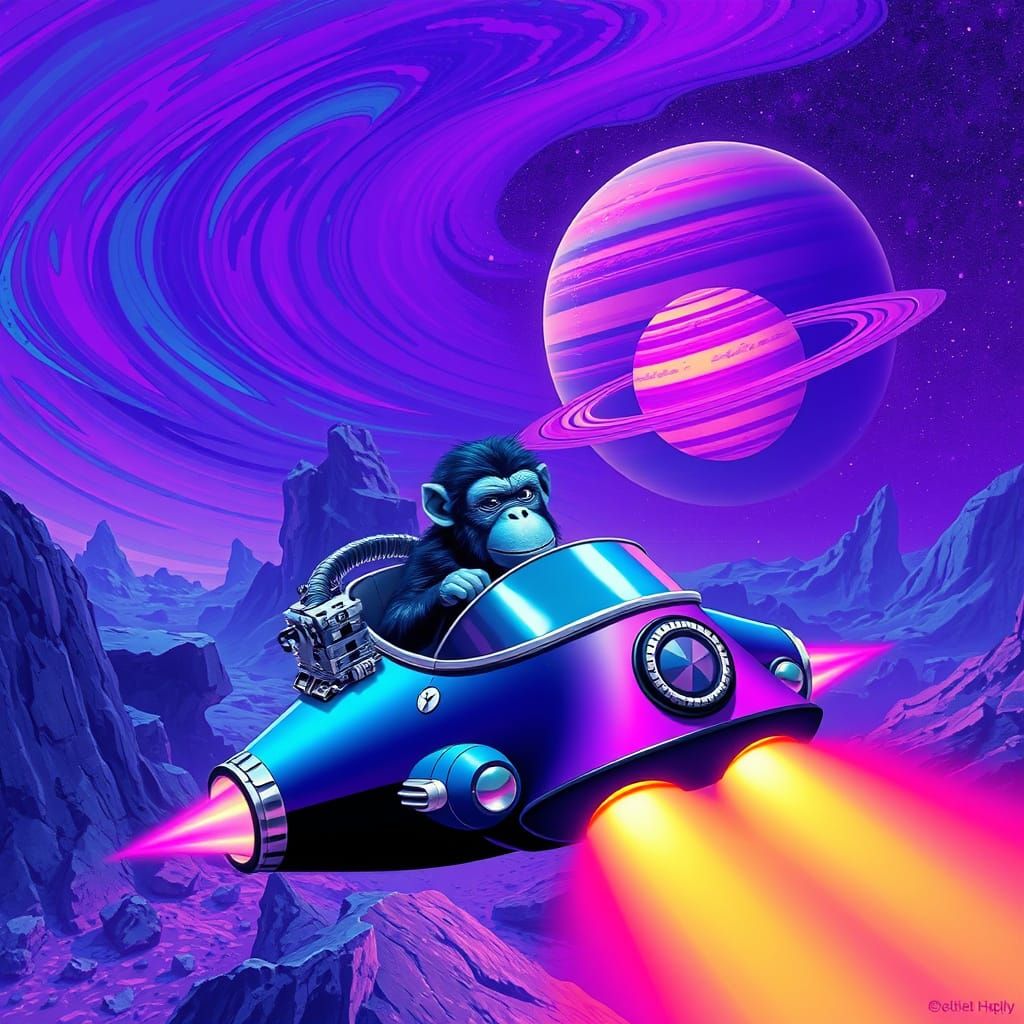Monkey Pilot on Purple Asteroid with Saturn