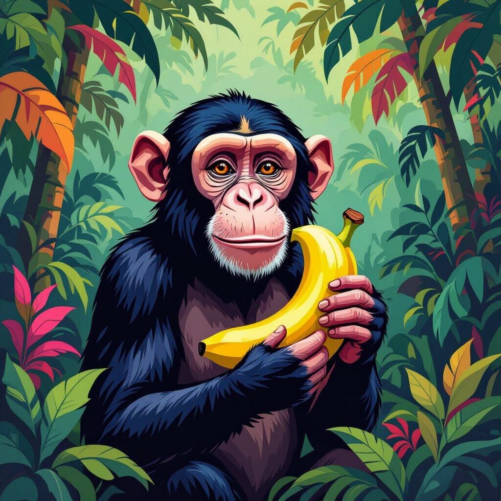 Vibrant Monkey in Jungle, Naive Art Style