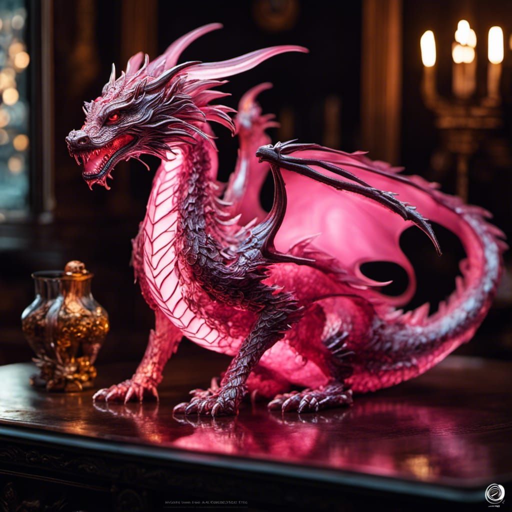 3D Rosy Pink Glass Dragon in Enchanted Setting