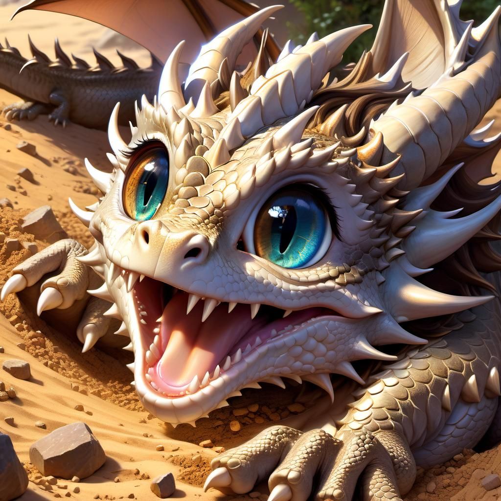 Adorable Dragon Rolling in Dirt: Anime Style Portrait