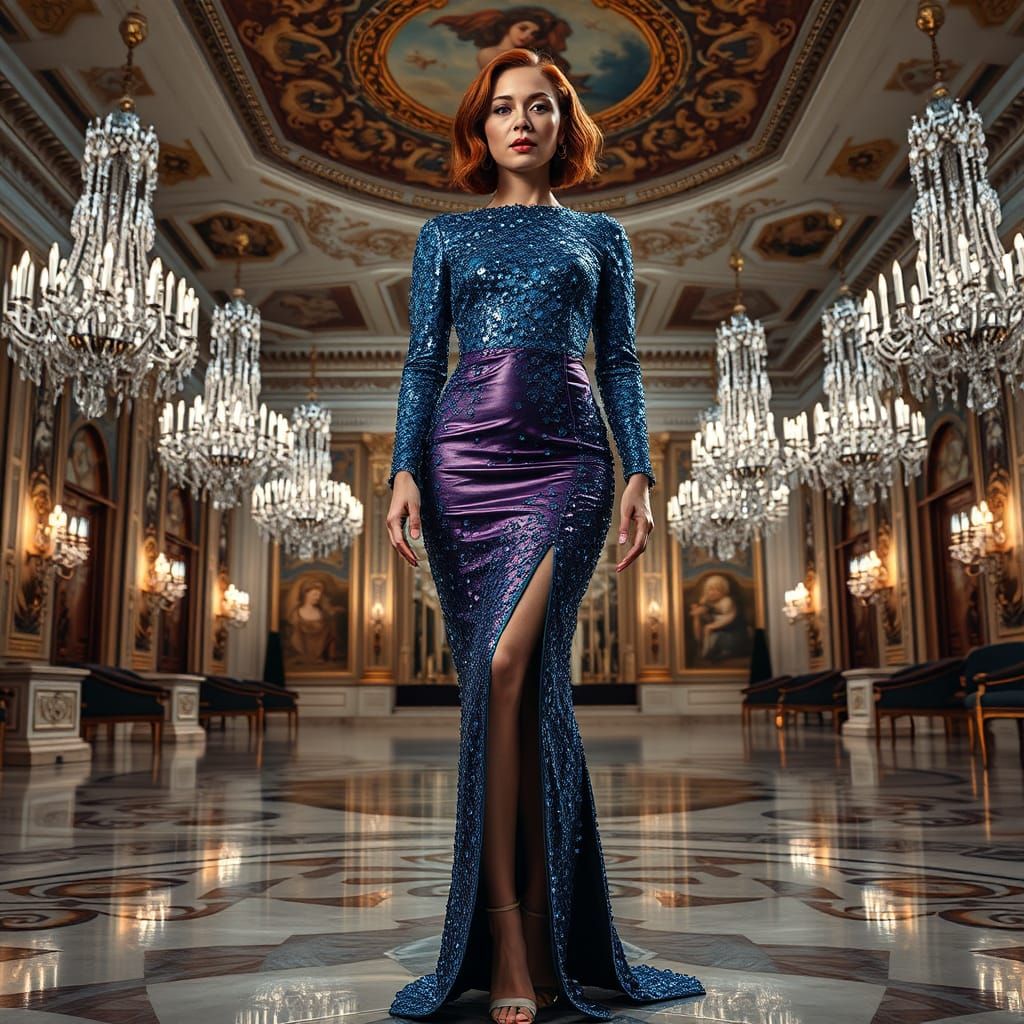 Crystalline Dress in Ornate Ballroom: Hyperrealistic HDR Ima...