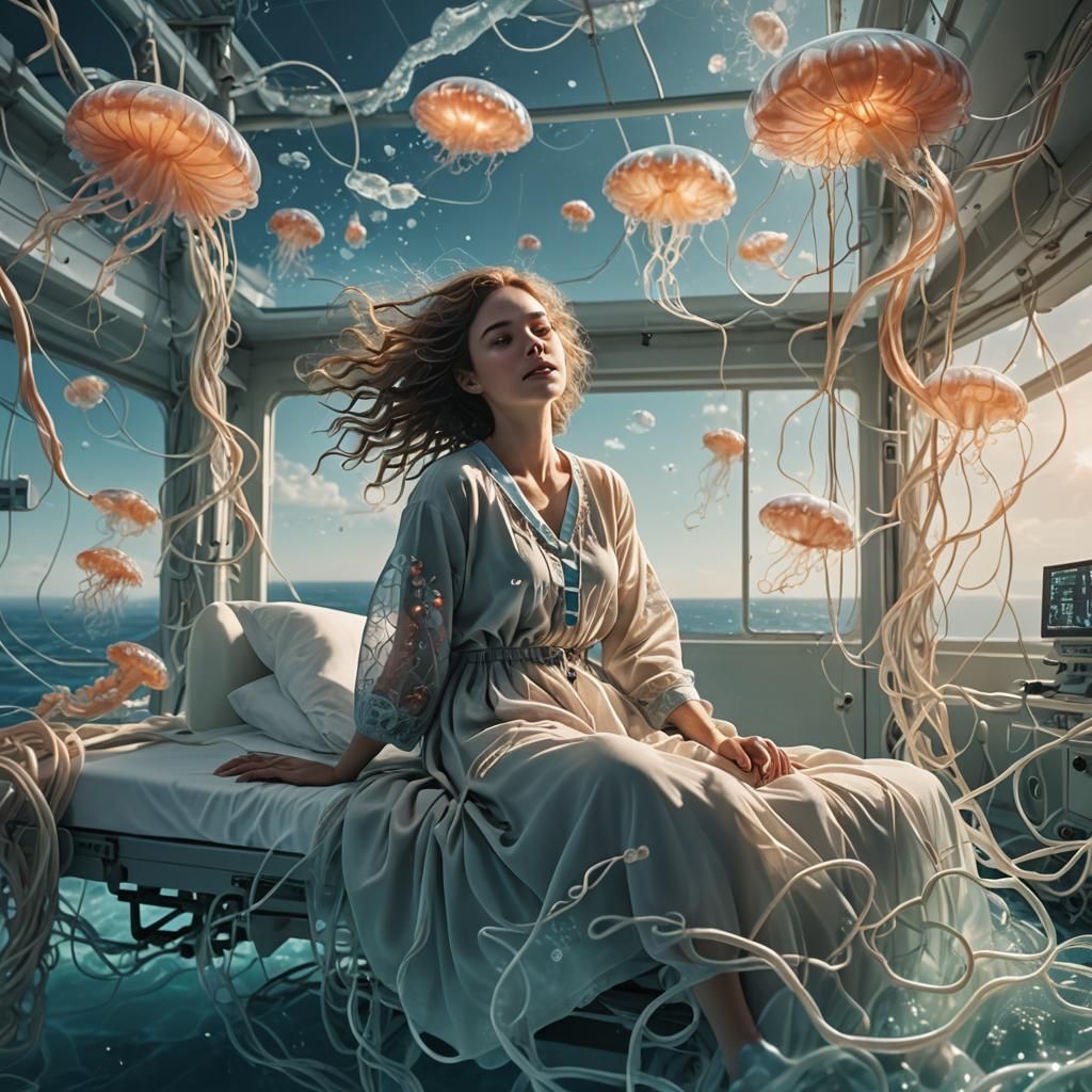 Woman Adrift on Hospital Bed in Ocean