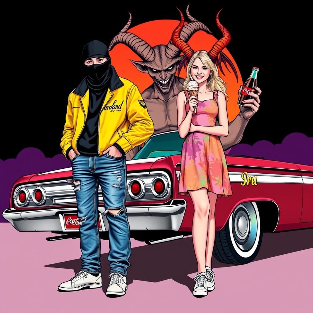 Mysterious Duo Behind a Retro Car with Baphomet and Coca-Col...