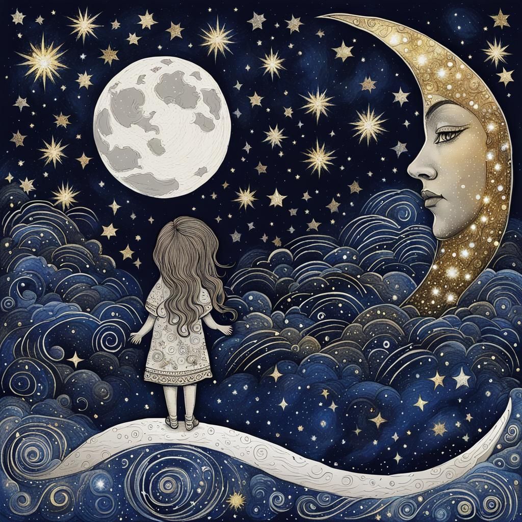 Goddess on Crescent Moon in Linocut Batik Style