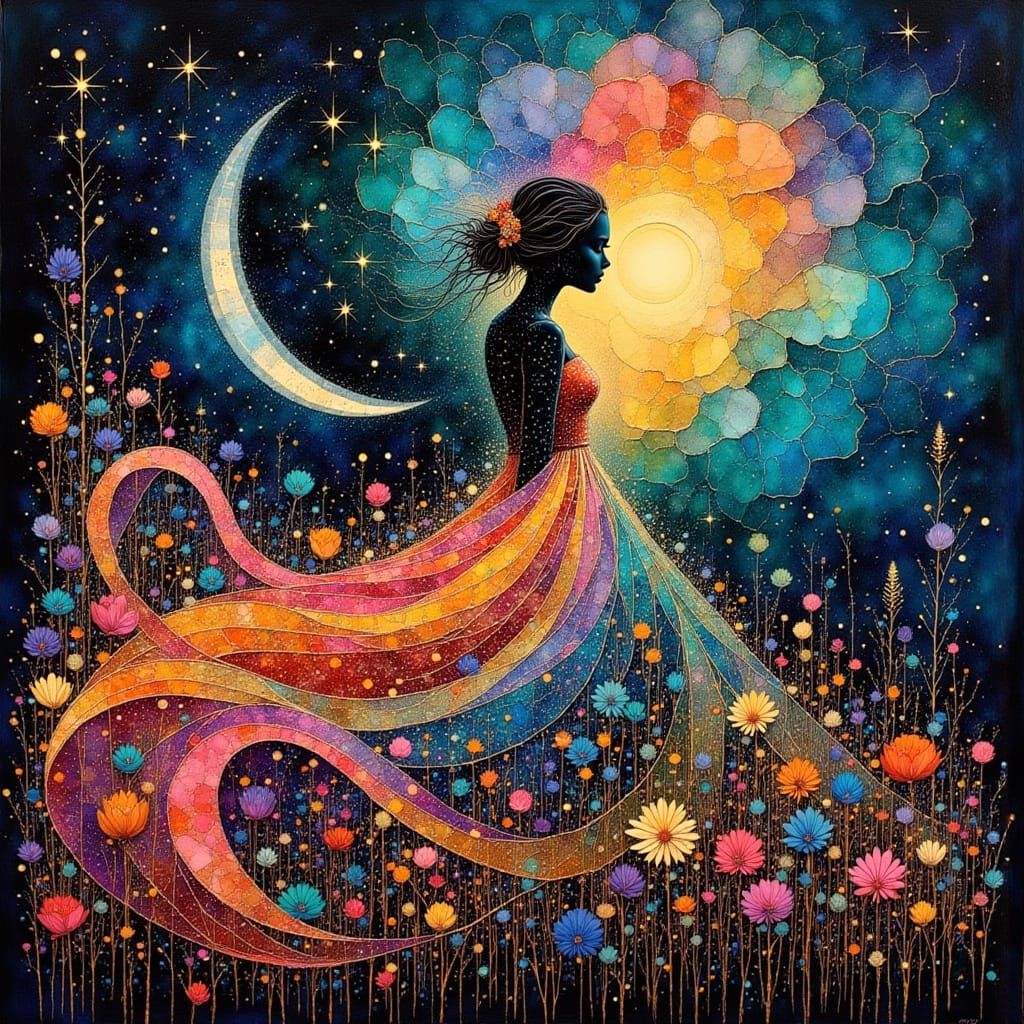Woman in Rainbow Dress Amidst Magical Night Sky