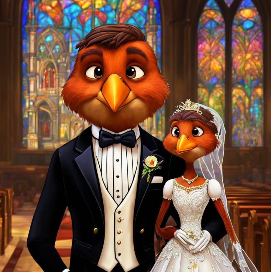 Cartoon Robin Wedding Portrait in Digital Painting Style