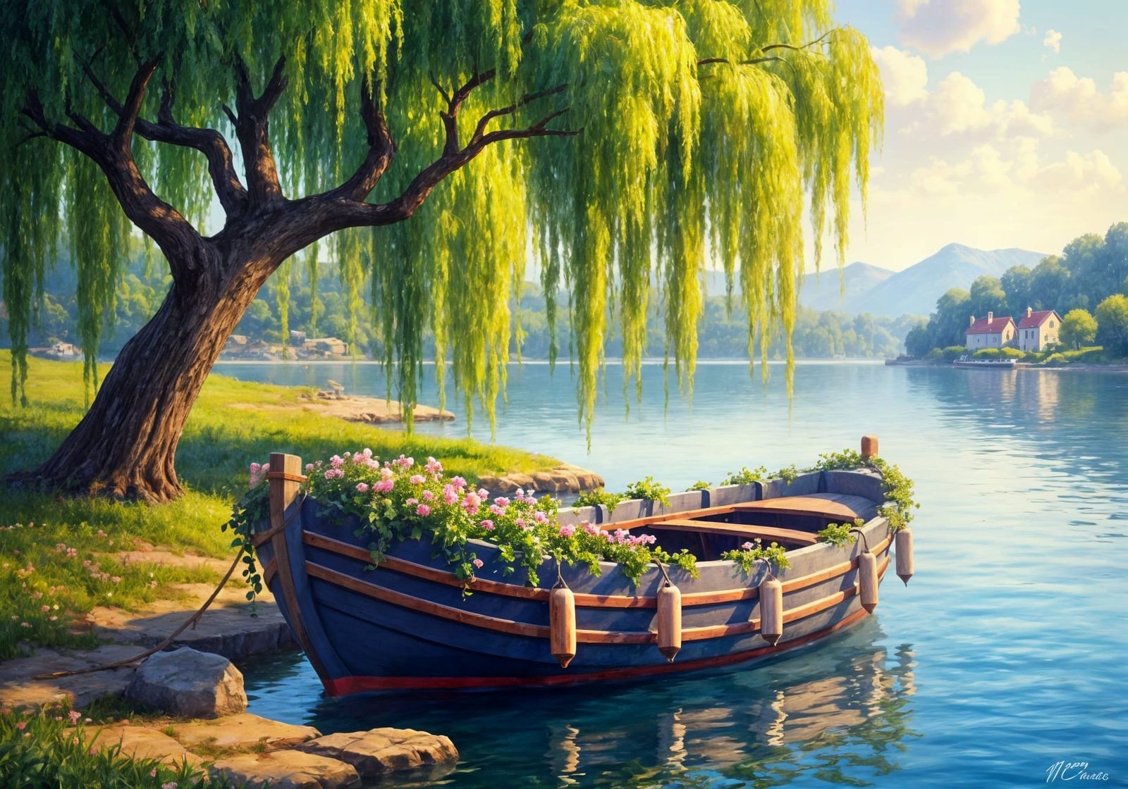 Ivy-Adorned Boat Moored Under Weeping Willow