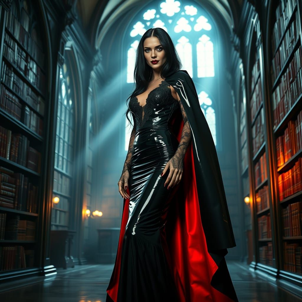 Gothic Vampire Queen in Opulent Library
