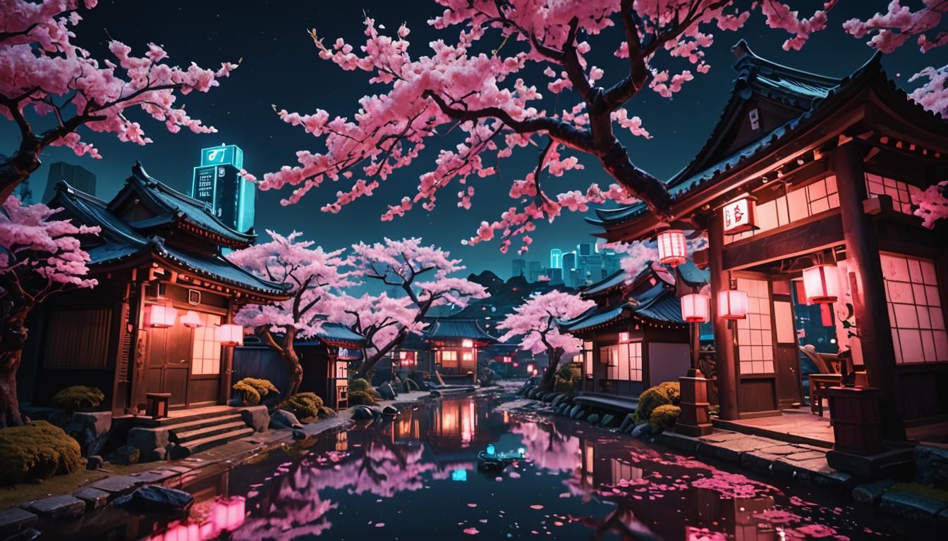 Cybergrunge Japanese Village with Pink Neon Lights