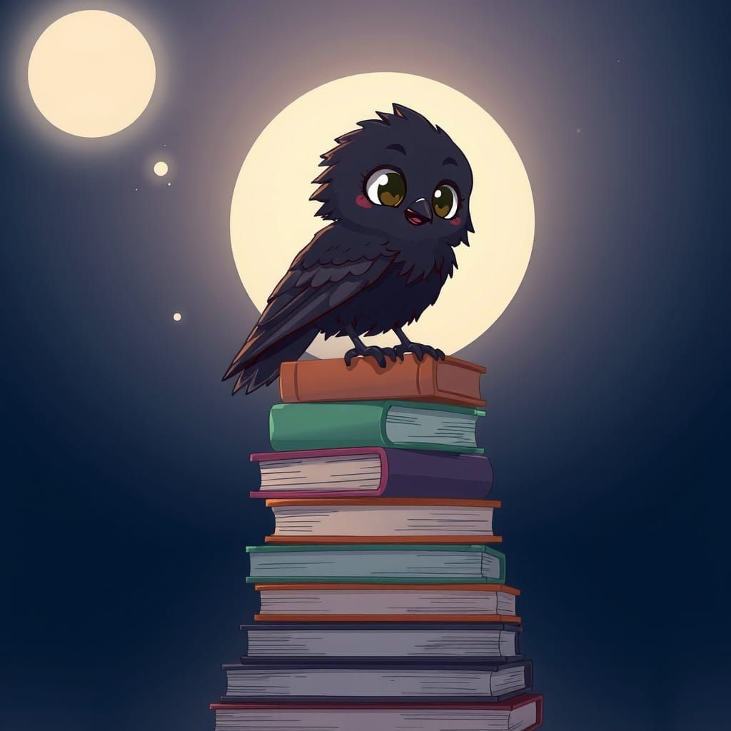 Cute Raven perched on a Bookstack in Anime Style