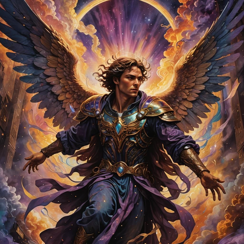 Avenging Angel Amidst Cosmic Clouds in Spiritual Realism