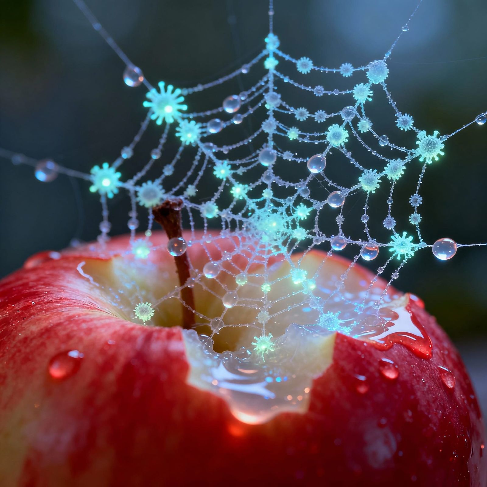 Glowing Microbe Spiderweb Dissolving Apple in Macro