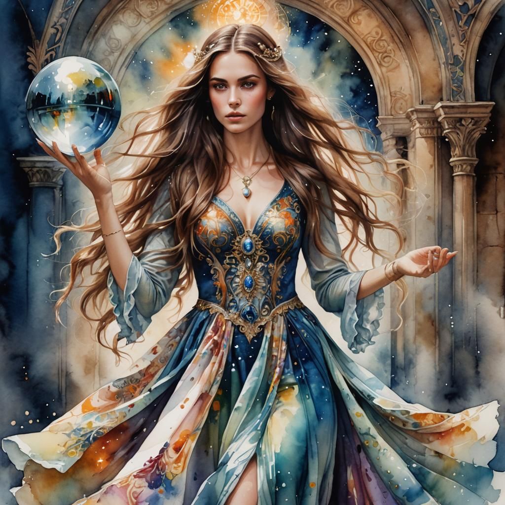 Magic Model with Orb: Watercolor Fantasy Portrait