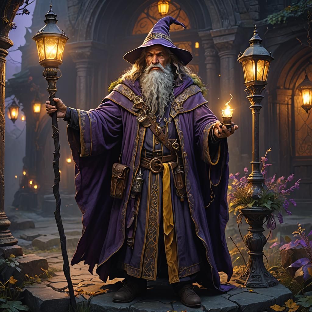 Old Wizard with Lantern Staff, Dark Fantasy Art