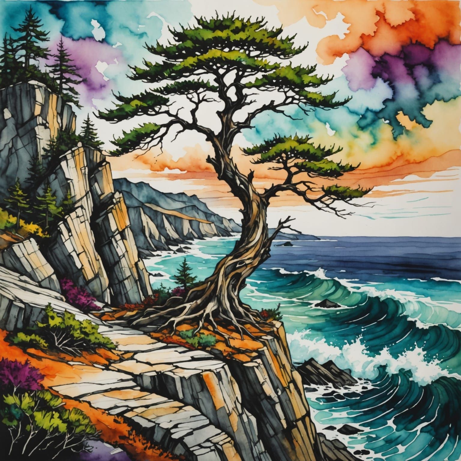 Twisted Cypress Tree on Rocky Cliffside Amidst Turbulent Sea