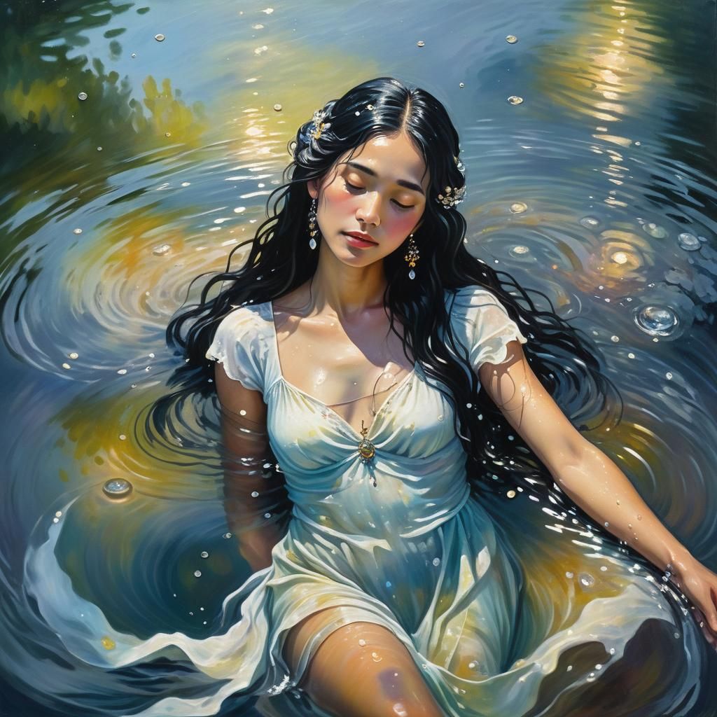 Woman Bathing in River, a Neo-Impressionist Oil Painting