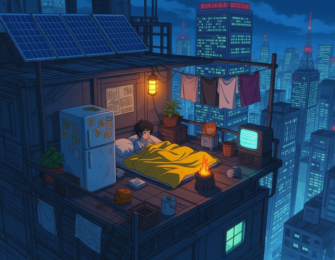 Anime Rooftop Dweller on Cyberpunk Skyscraper at Night