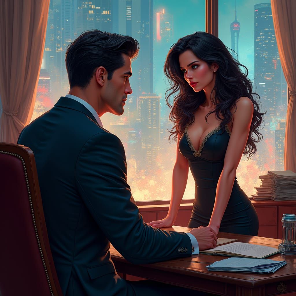 Confident Businessman, Seductive Woman, and Cityscape in Vib...