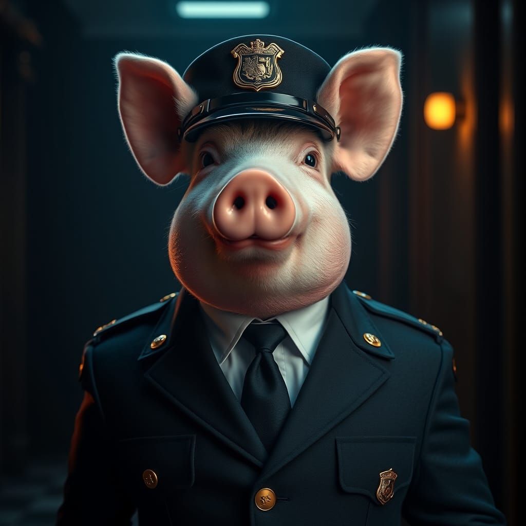 Hyperrealistic Pig in Policeman Uniform
