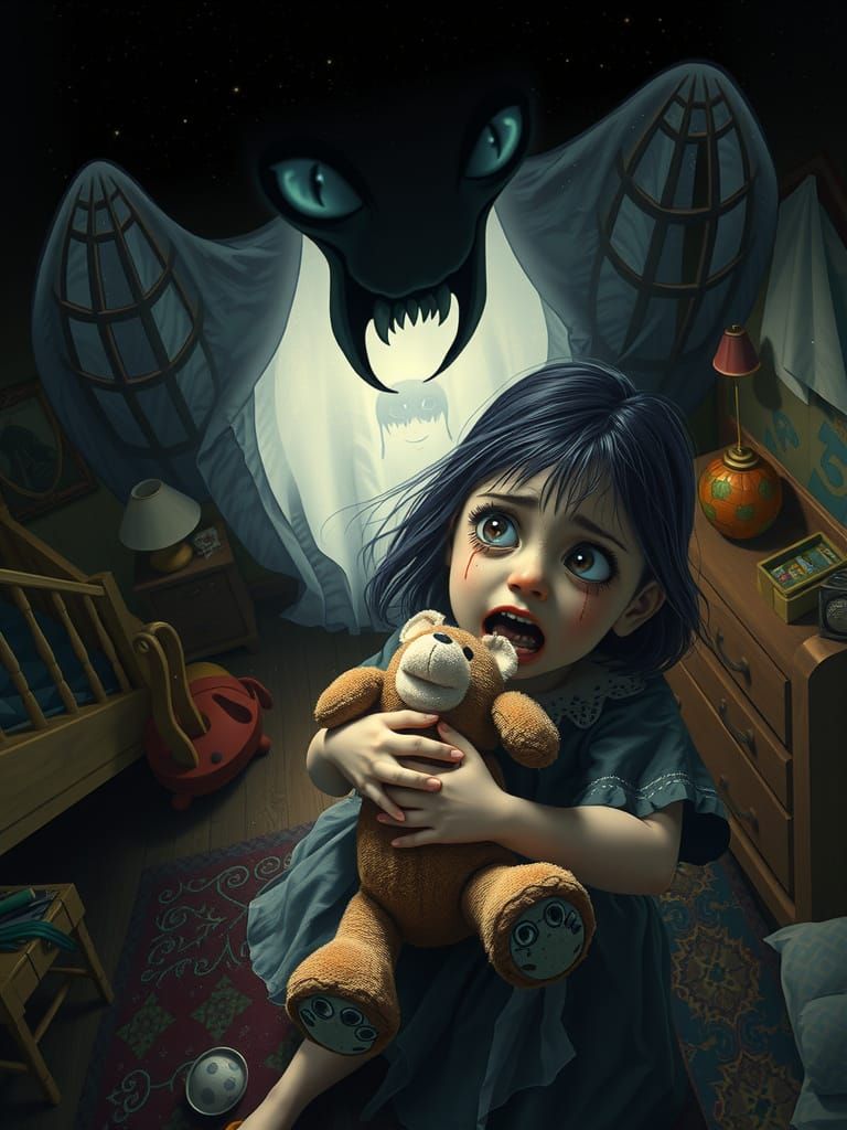Frightened Girl and Ghost in Burtonesque Cartoon