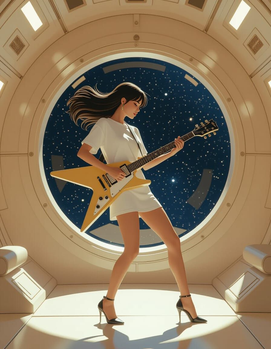 Woman Playing Guitar in Zero Gravity Spaceship