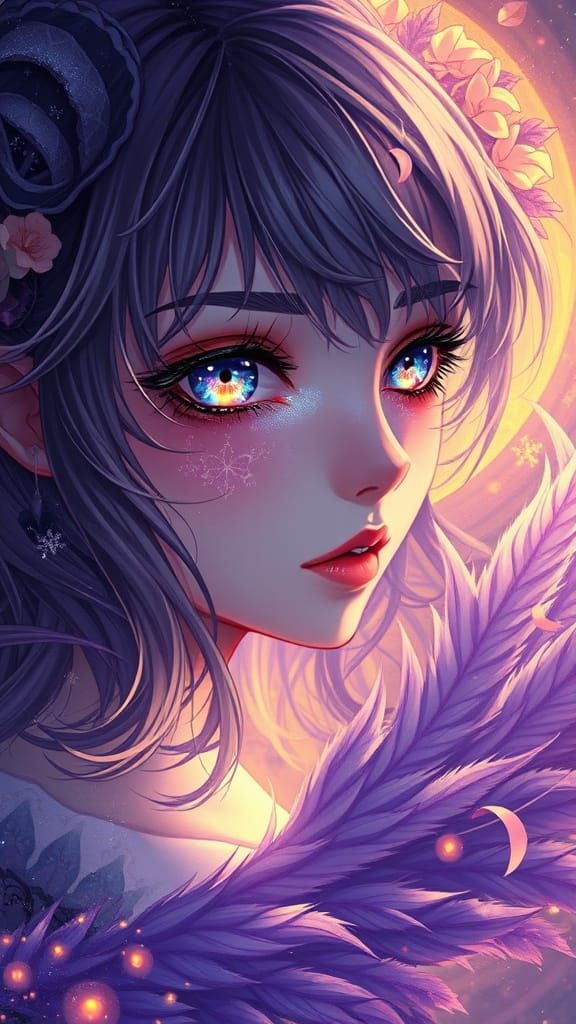 Anime Girl with Aurora Eyes in Fantasy Landscape