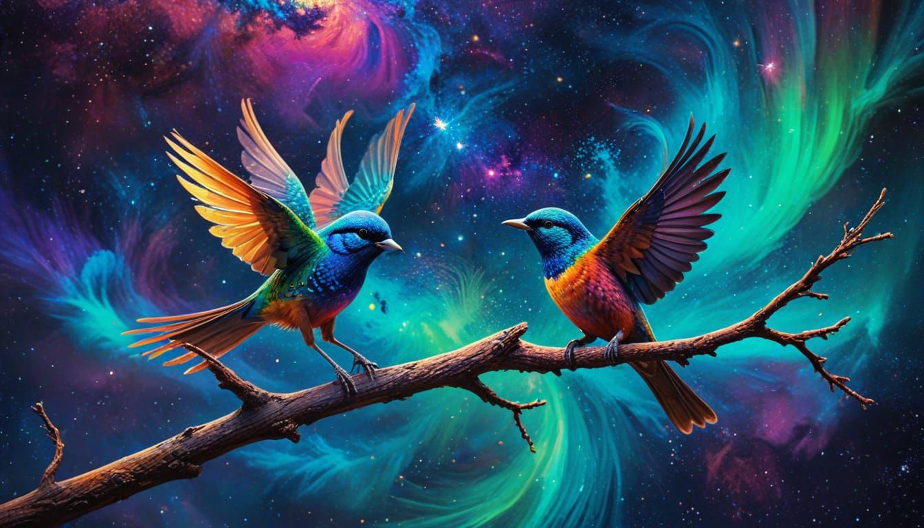 Vibrant Bird in Swirling Galaxy, Impressionistic Style