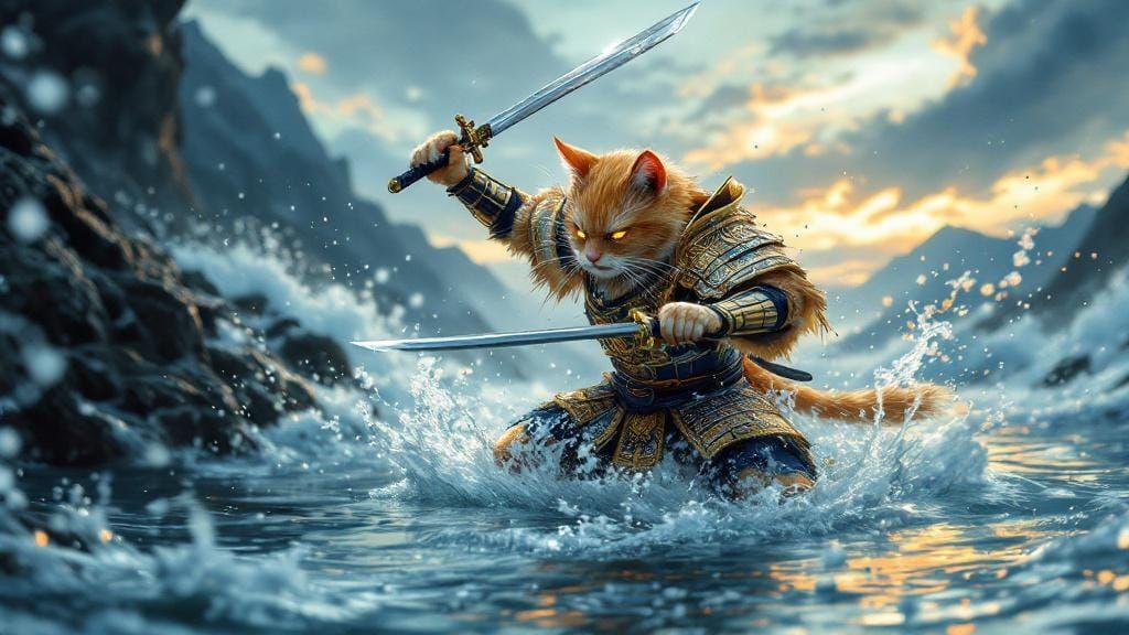 Armored Cat Samurai in Ukiyo-e Style Mountain Lake