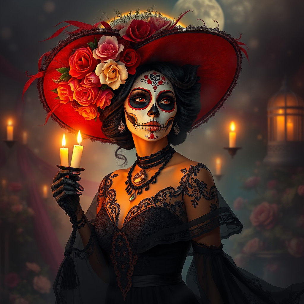 La Muerte with Flowers and Candles