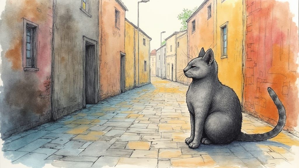 Cat in the City with Surrealist Art Style