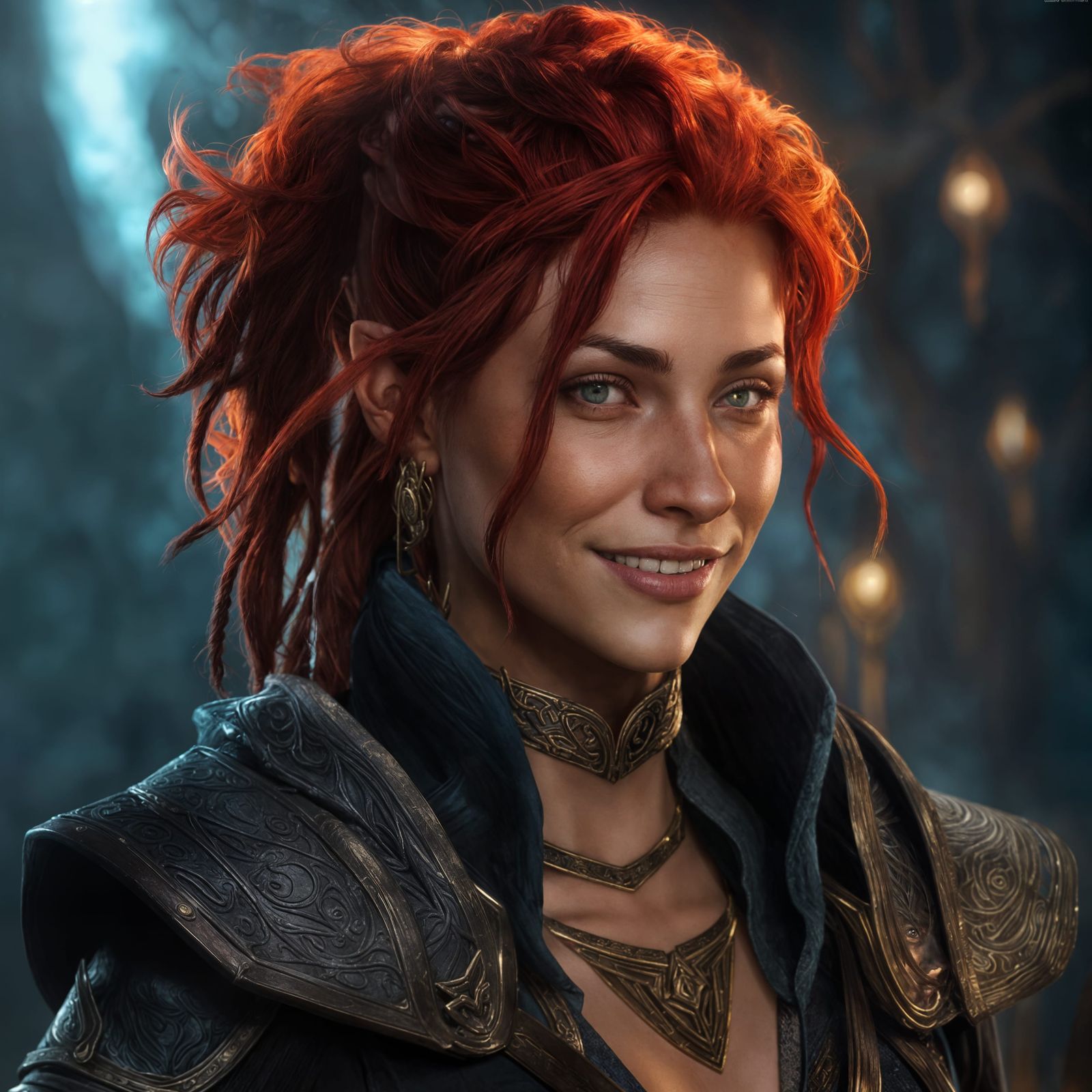 Red Dreadlocks Half-Elf Ranger Portrait in Dark Fantasy Styl...