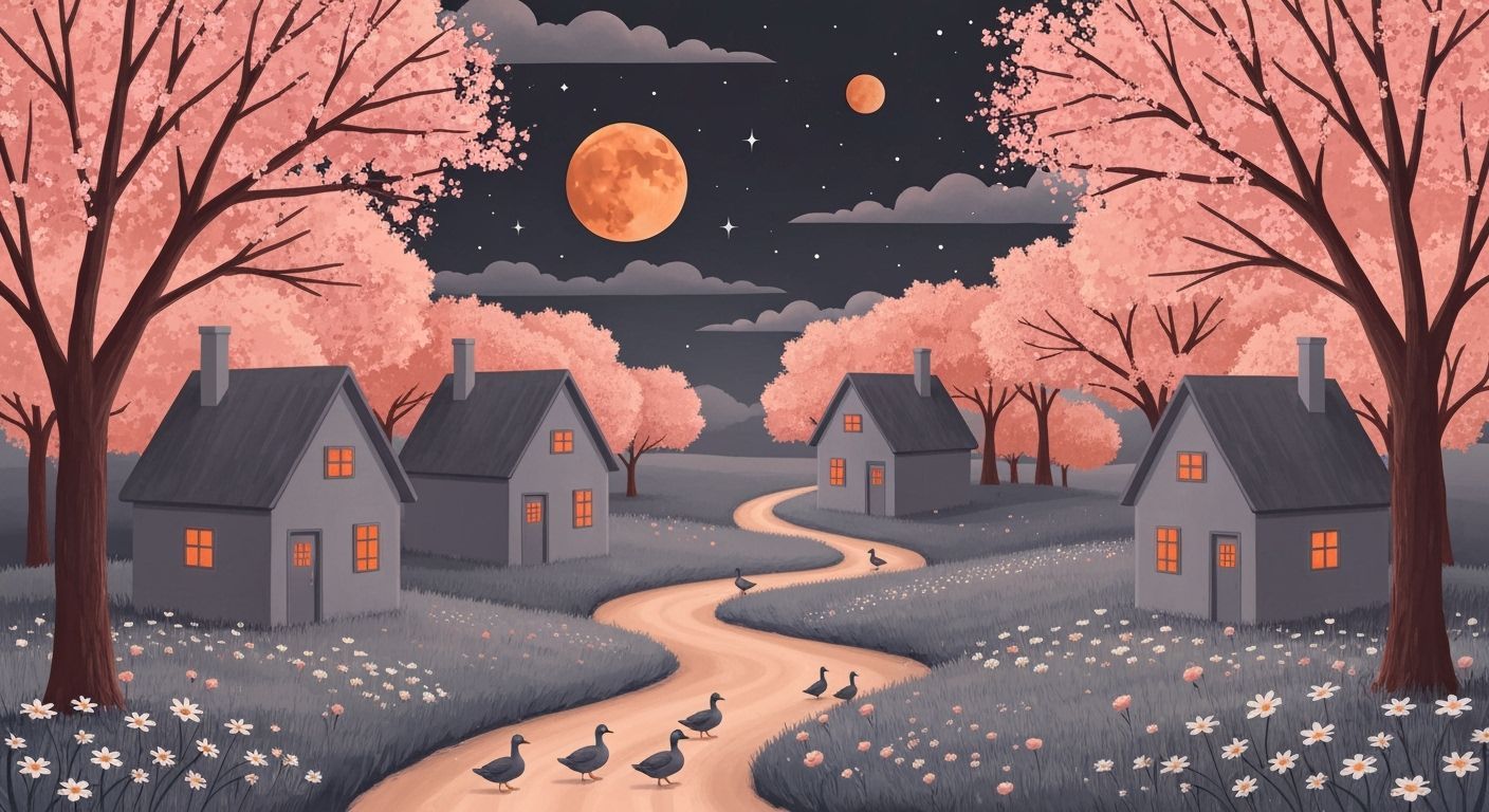 Dreamy Nighttime Village Scene with Ducks and Blossoms