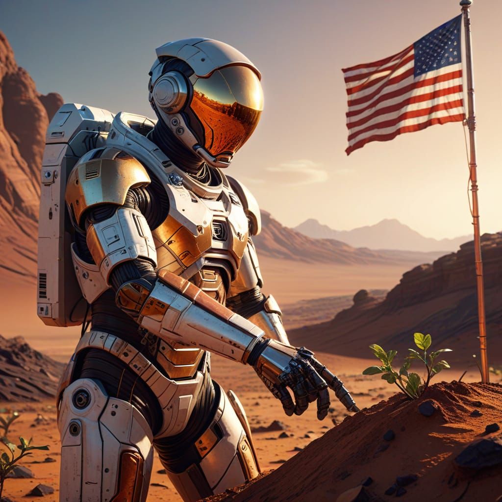 Cyborg Astronaut Discovers Red Planet in Golden Hour