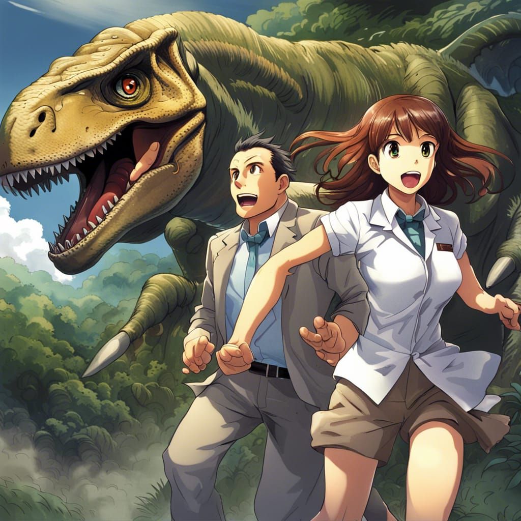 Scientist and Wife Fleeing Dinosaurs in Anime Style