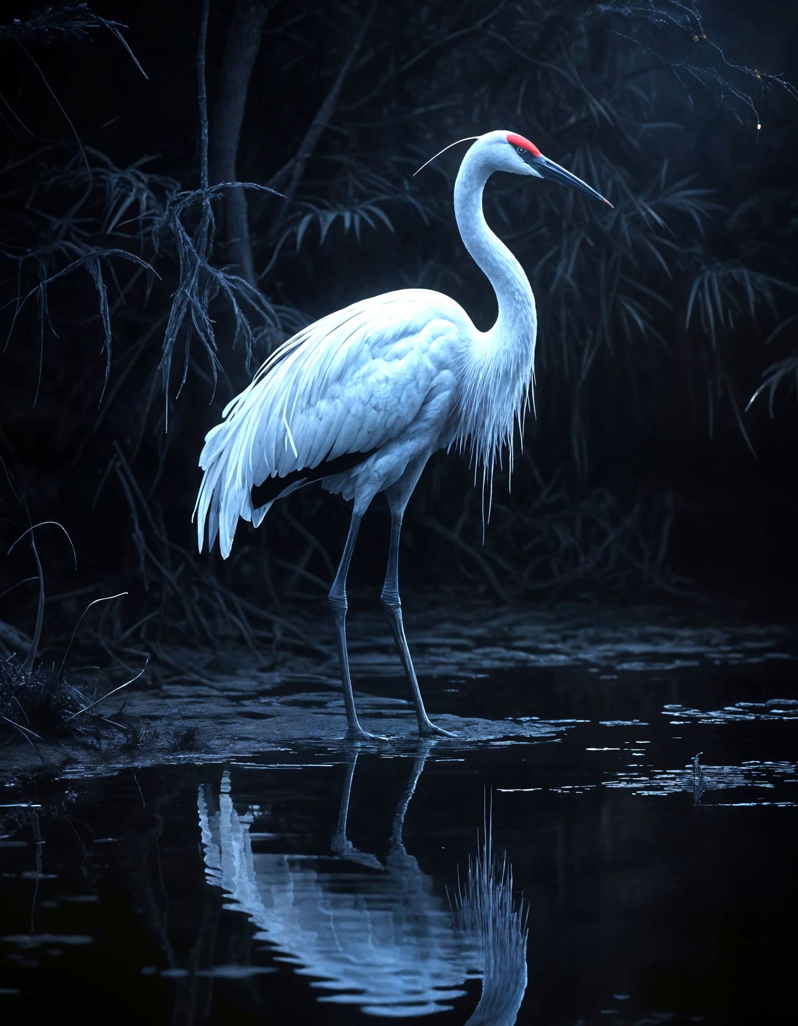 Japanese Crane in Dark, Misty, Botanical Style