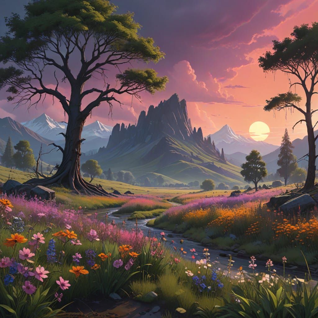 Dramatic Sunset Floral Meadow with Majestic Weeping Willow